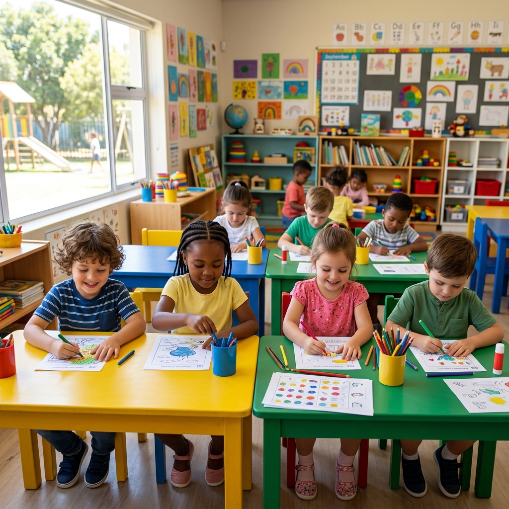 Crianças felizes e concentradas na escola aprendendo